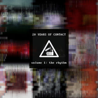 Glitched image of eight previous album covers arranged around a central black and white image of a "caustic material" warning symbol.