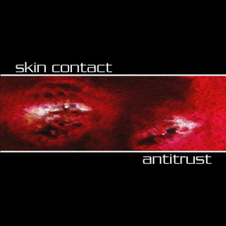 mostly-black, with a glitched image of the eye area of a human face in the middle third. The image has been manipulated to appear mostly red, and is barely recognizable as eyes. There is a white border on the top and bottom of the image portion, with "skin contact" in white futuristic letters just above the border to the left, and "antitrust" in the same font just below the bottom border and to the right.