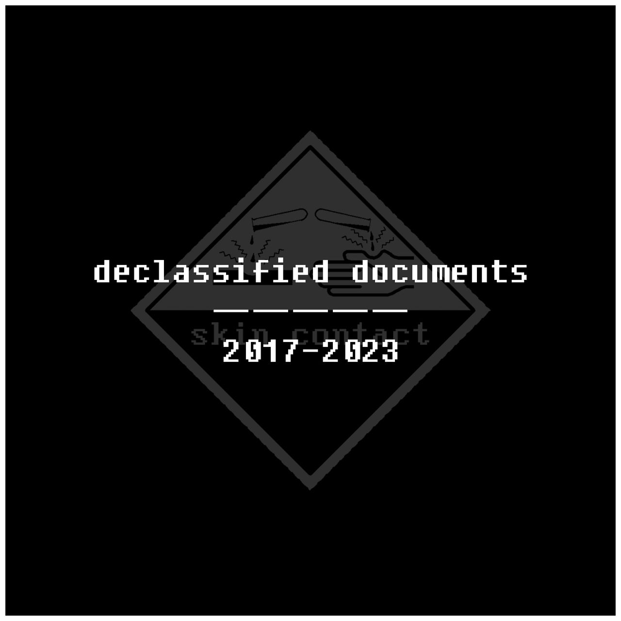 Grey "corrosive materials" logo on a black background with a thin white border. Superimposed over the logo in white is the text "declassified documents - 2017-2023"