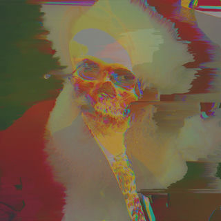 Blended images of Santa Claus and a man in a business suit overliad on each other, with a skull where the faces would be. Image has been further glitched, but is mostly recognizable.