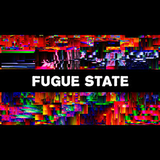 Fugue State logo in block letters centered in a black band, which is arranged on top of a colorful, abstract glitch image.