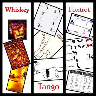 Cover is split in thirds, with each third containing a word from the album title, and images related to that word arranged in a scattered way either above or below the word, alternating word on top, then bottom, then top again. The "Whiskey" portion shows several images of whiskey in a glass, while the "Tango" and "Foxtrot" sections show instructional diagrams for the two respective dance styles.